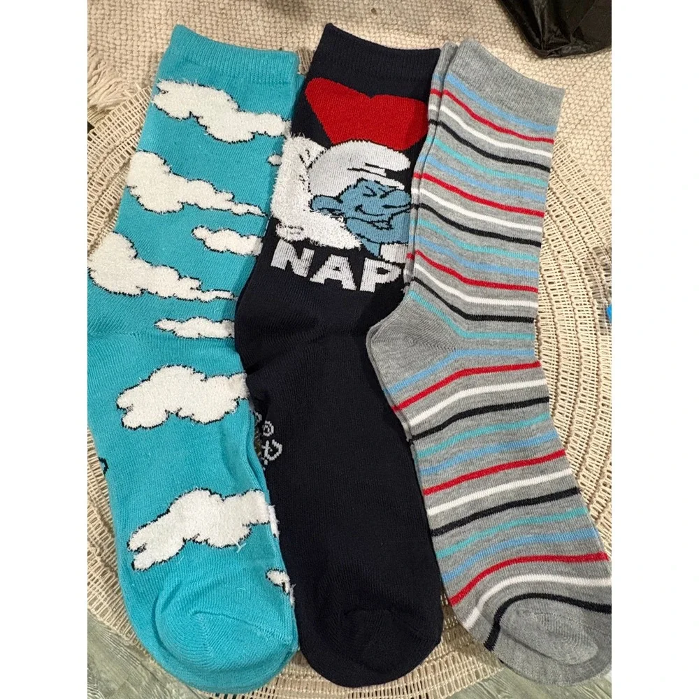 The Smurfs‎ Crew Socks 3 Pairs Navy Blue Grey Naps Size 6-12